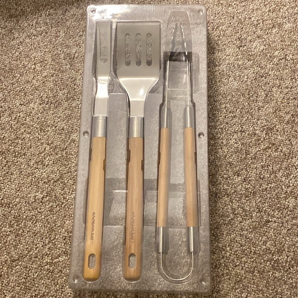 Rachel Ray 3 piece BBQ Bamboo Tool Set Fork Tongs Slotted Turner - Picture 5 of 8